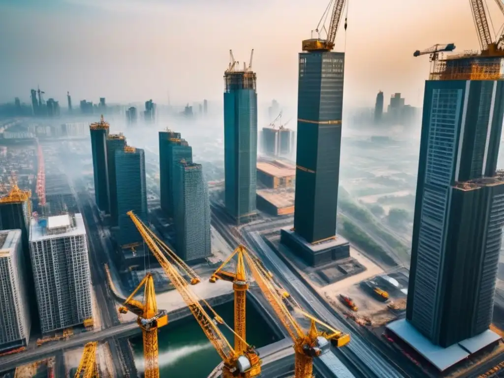 Vibrante desarrollo urbano: ciudades modernas en construcción Vista aérea detallada de ciudad en crecimiento con rascacielos, grúas, trabajadores y red vial