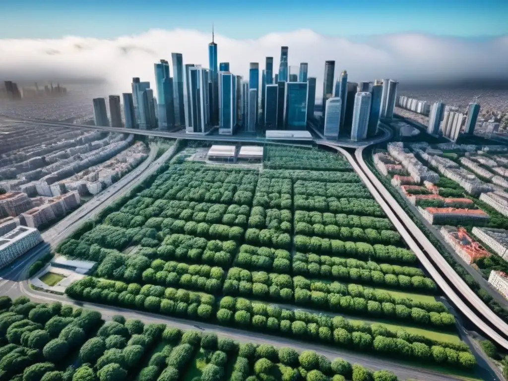 Metrópolis moderna: paisaje urbano detallado y vibrante Vista aérea detallada de ciudad moderna y vibrante con normativa local financiamiento inmobiliario