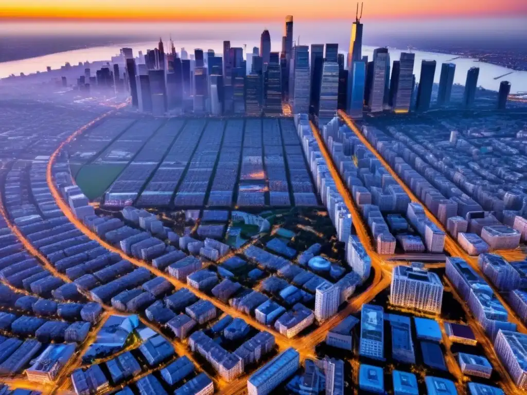Vibrante ciudad moderna: inversión inmobiliaria en acción Vista aérea detallada de una ciudad bulliciosa con rascacielos proyectando sombras largas al atardecer