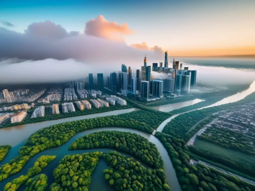Metrópolis moderna y natural: seguro ante desastres Vista aérea detallada de una ciudad moderna rodeada de naturaleza, resaltando la importancia del Mejor seguro riesgos naturales inmobiliarios