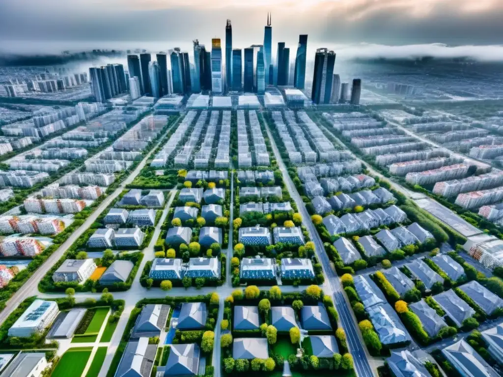 Vista aérea 8k de ciudad moderna con integración urbana Vista aérea 8k detallada de una ciudad integrando regulaciones urbanísticas, seguridad y bienes raíces
