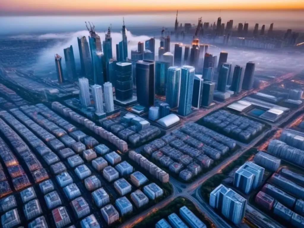 Vista aérea 8k de ciudad moderna: regulaciones inmobiliarias Vista aérea detallada en 8k de una ciudad bulliciosa con rascacielos y edificios residenciales, resaltando la influencia de las regulaciones inmobiliarias para inversores