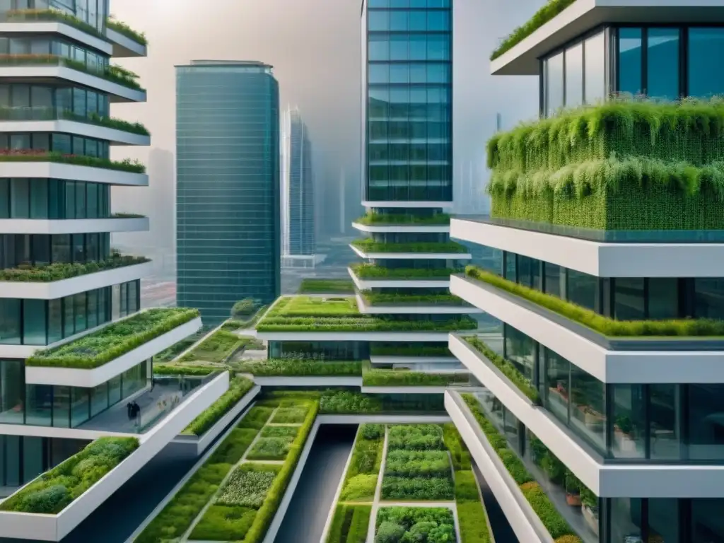 Metrópolis verde: arquitectura sostenible y vida urbana ecofriendly Vista aérea detallada de una ciudad moderna con edificios verdes innovadores, reflejando un futuro de financiamiento verde en el sector inmobiliario