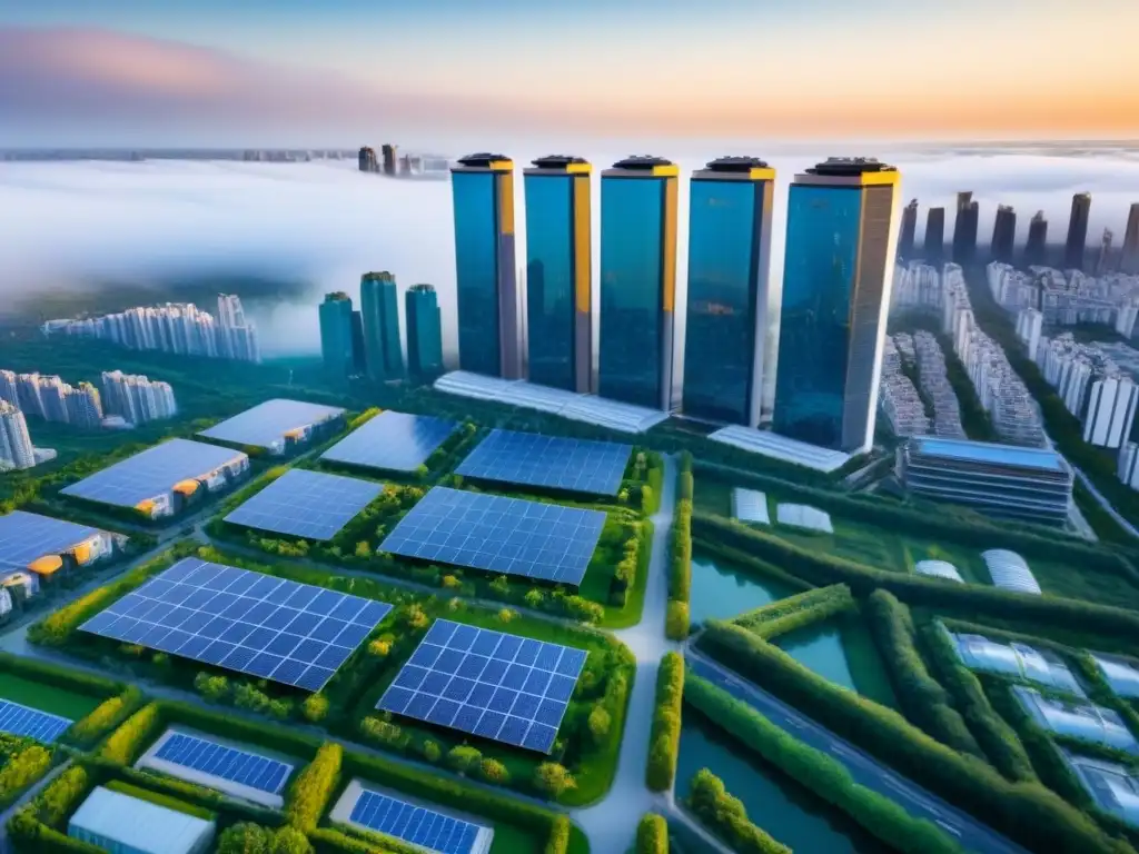 Cityscape ecoamigable: armonía entre urbanización y sostenibilidad Vista aérea detallada de una ciudad moderna con paneles solares, espacios verdes y diseño ecoamigable