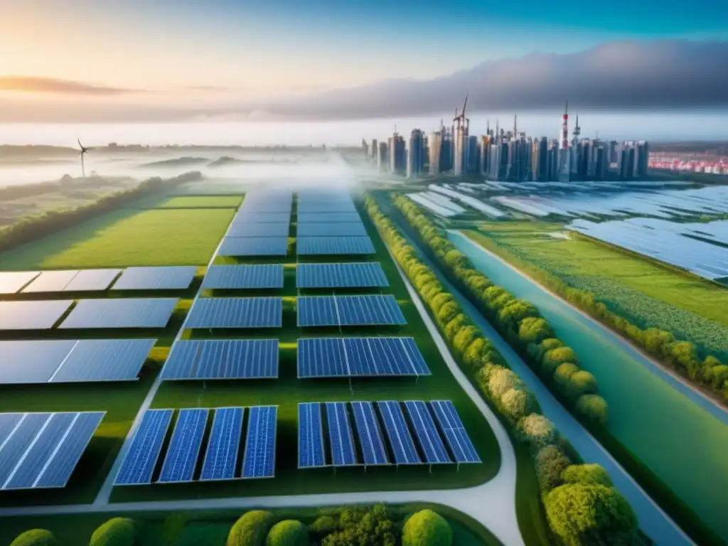 Metrópolis futurista ecoeficiente: simbiosis naturaleza-tecnología Vista aérea detallada de una ciudad futurista con edificios energéticamente eficientes y tecnología verde