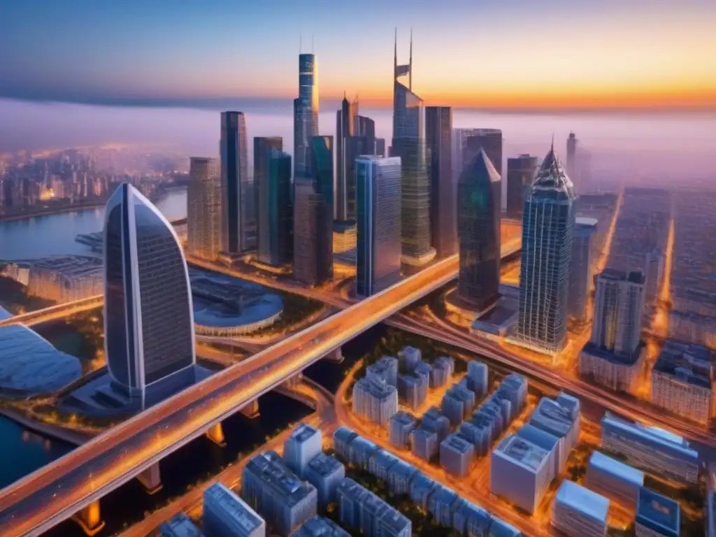 Vibrante metrópolis: cielo de oportunidades inmobiliarias Vista aérea detallada de ciudad moderna con rascacielos, reflejando innovación y prosperidad en el mercado inmobiliario