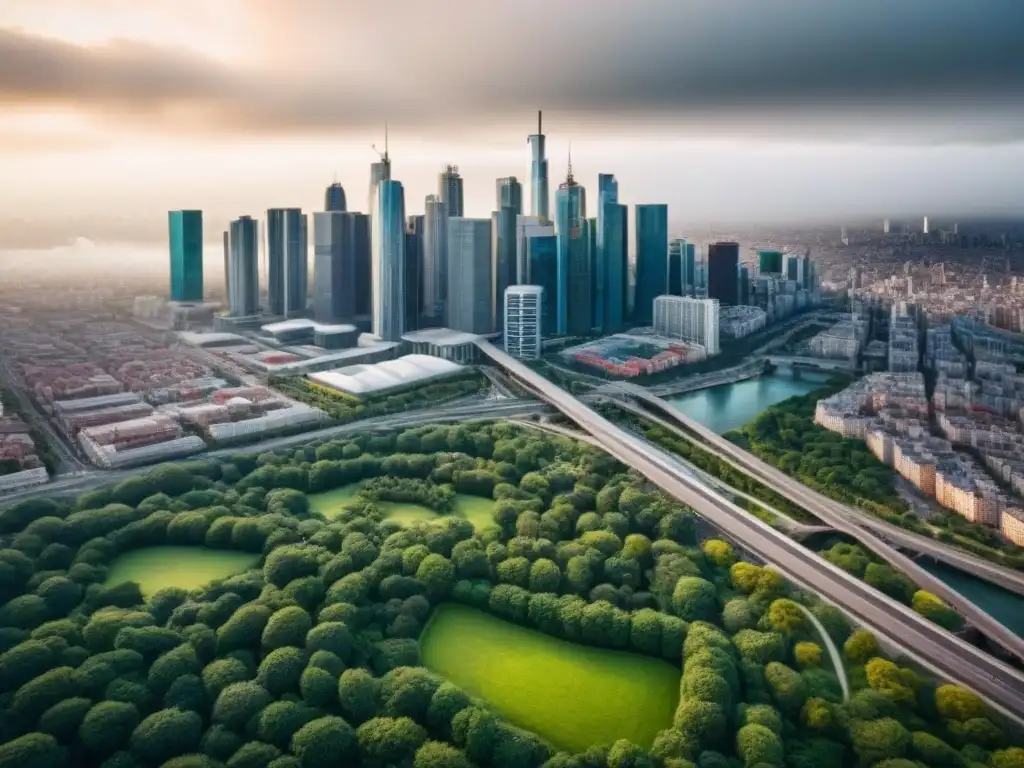 Vista aérea detallada de ciudad dinámica con diversidad arquitectónica Vista aérea detallada de una ciudad bulliciosa con diversos estilos arquitectónicos, representando la dinámica de tendencias mercado inmobiliario migración