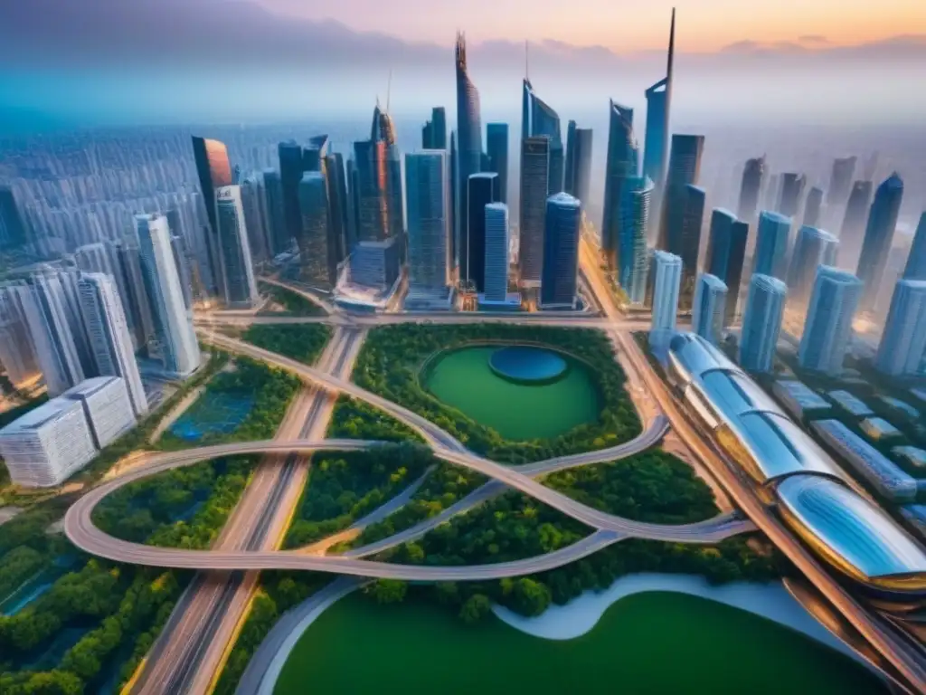 Cityscape moderno: planificación urbana y diseño eficiente Vista aérea detallada de una ciudad moderna con planificación urbana, rascacielos futuristas y espacios verdes