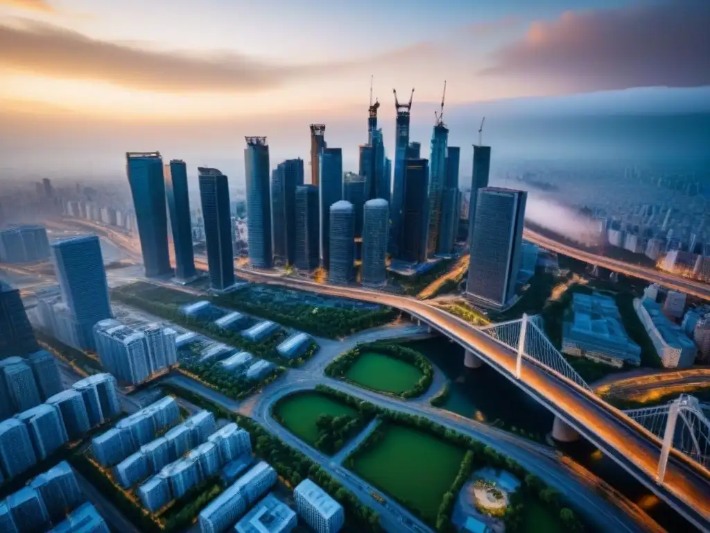 Desarrollo urbano: ciudad moderna en crecimiento Vista aérea detallada de una ciudad bulliciosa con rascacielos modernos y obras en construcción, mostrando la rápida recuperación en la inversión inmobiliaria
