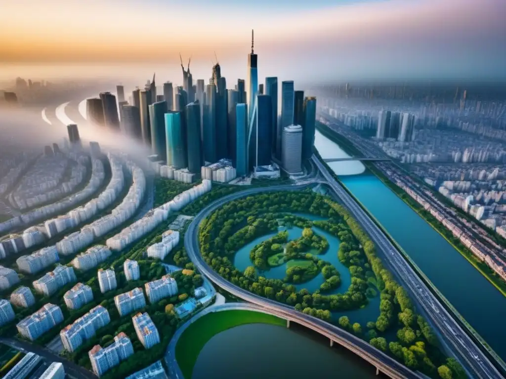 Oportunidades de inversión en ciudad vibrante con rascacielos modernos Vista aérea detallada de ciudad con rascacielos y edificios residenciales, ideal para consejos para invertir en inmuebles
