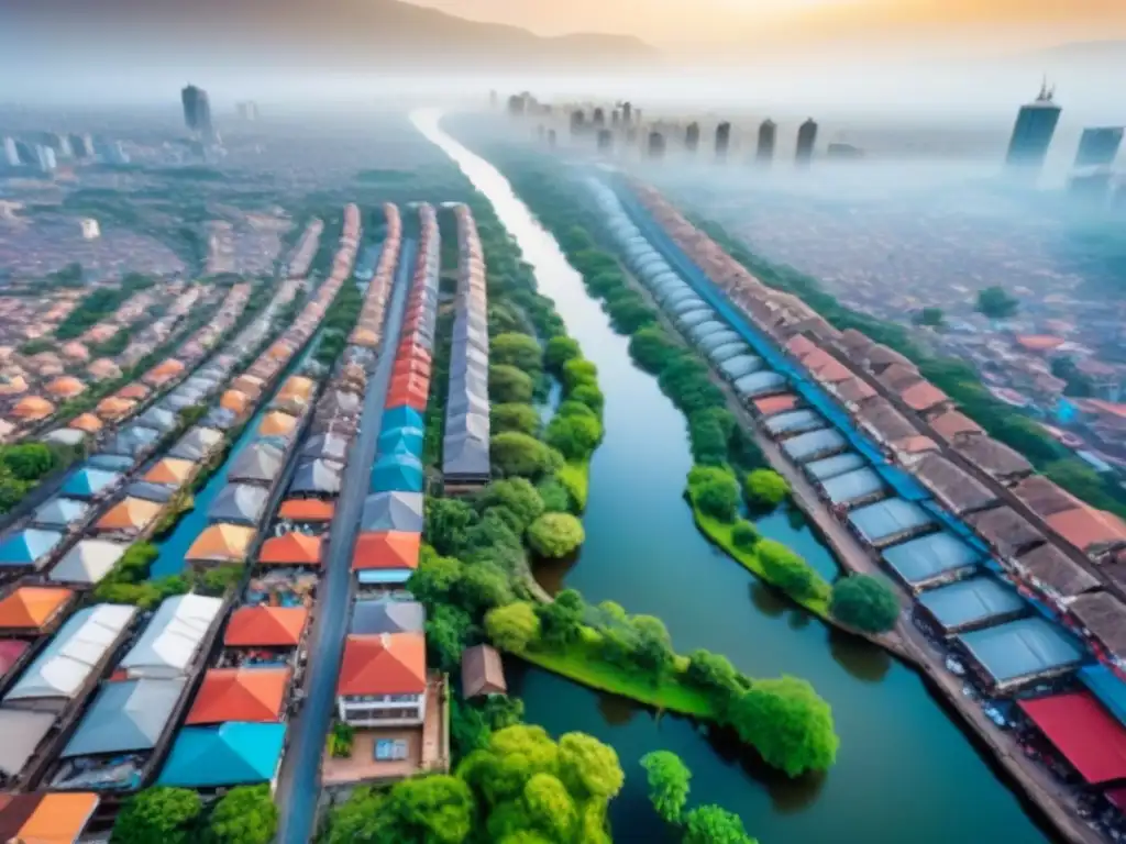 Vibrante panorama urbano en África: fusión de tradición y modernidad Vista aérea detallada de una ciudad africana vibrante, mezcla de arquitectura tradicional y modernos rascacielos