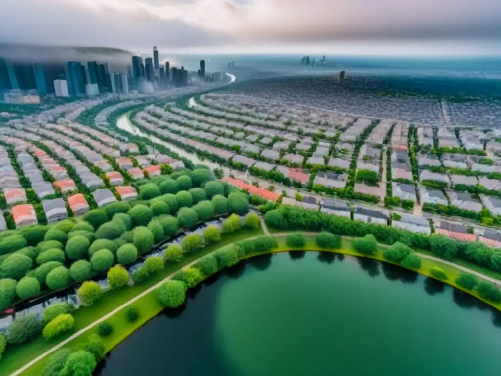 Vista aérea detallada de ciudad 8k: diversidad arquitectónica y natural Vista aérea detallada en 8k de una ciudad con diversidad de estilos arquitectónicos y espacios verdes, bordeada por un río