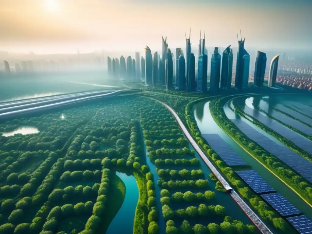Metrópolis futurista eco-sostenible: ciudad vibrante del siglo XXI Vista aérea detallada de una ciudad futurista con tecnología inteligente, transporte público y energías renovables