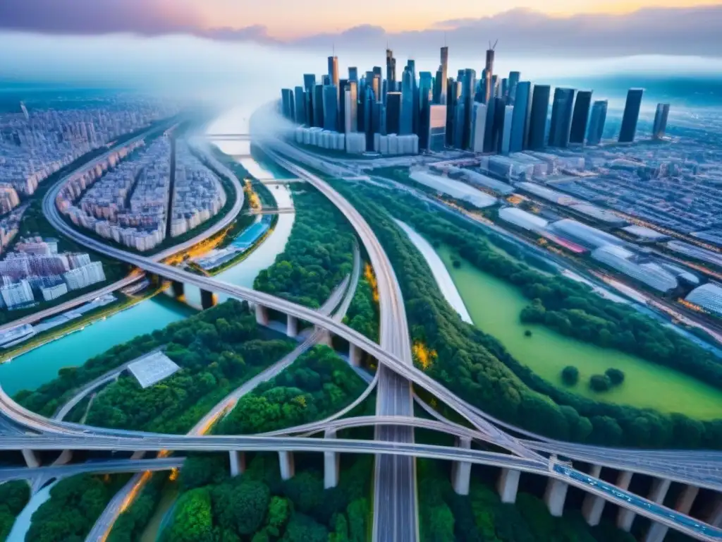 Metrópolis vibrante: infraestructura urbana detallada Vista aérea detallada de una ciudad vibrante con infraestructura urbana eficiente, rodeada de espacios verdes y arquitectura moderna