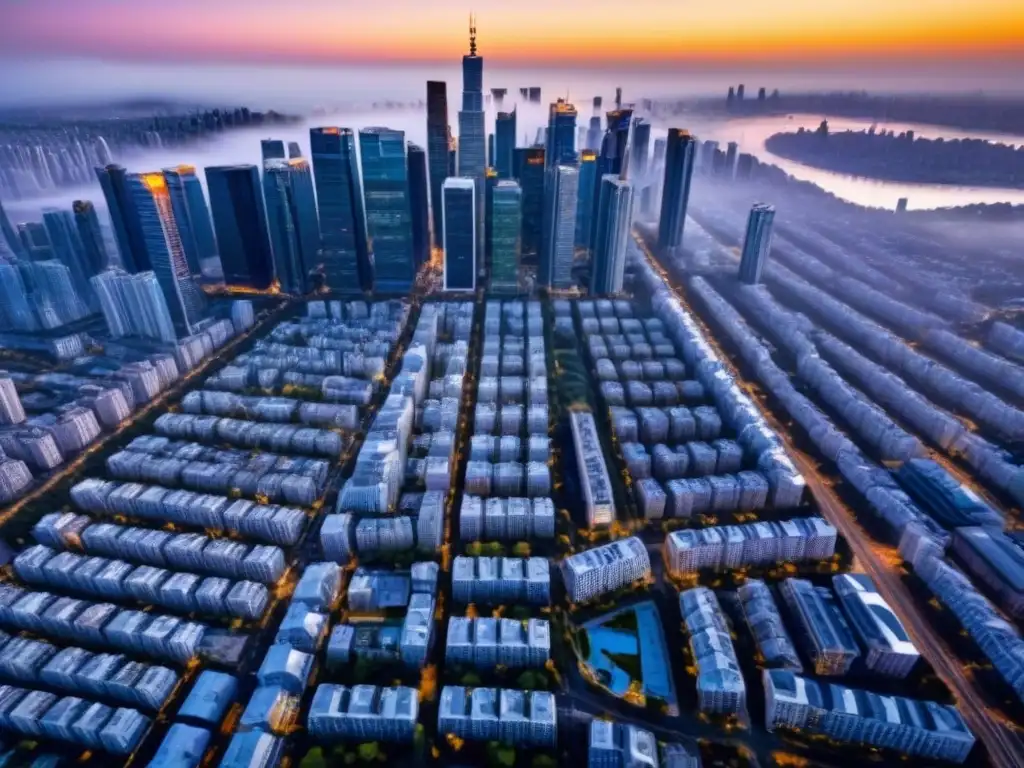 Vista aérea 8k de ciudad con certificaciones inmobiliarias Vista aérea detallada de una ciudad con rascacielos y edificios residenciales, resaltando la Importancia de certificaciones inmobiliarias