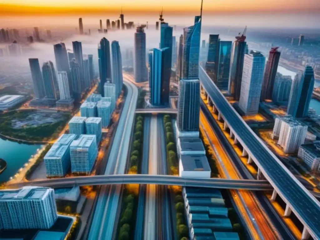 Vibrante panorama urbano: crecimiento y progreso inmobiliario Vista aérea detallada de una ciudad con rascacielos modernos y construcciones, reflejando la obtención de fondos para proyectos inmobiliarios