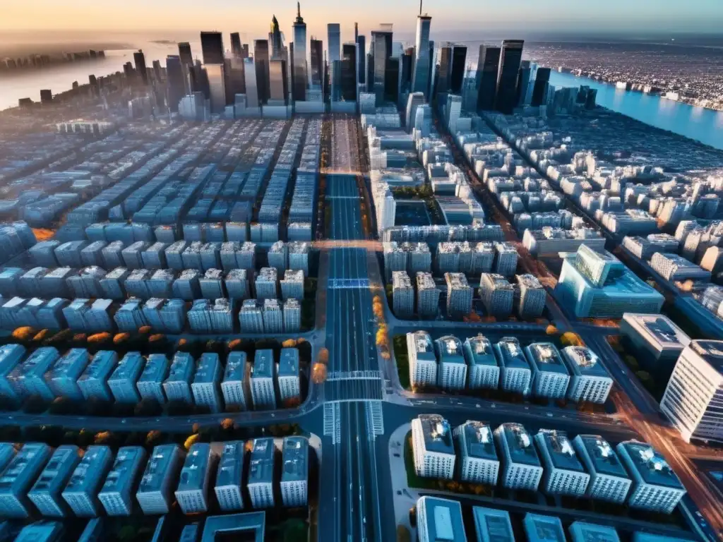 Renacimiento urbano: panorama financiero postcrisis Vista aérea detallada de una ciudad bulliciosa, con rascacielos proyectando largas sombras en las calles