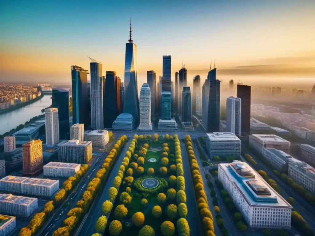 Majestuosa ciudad moderna con rascacielos y naturaleza exuberante Vista aérea detallada de una ciudad con rascacielos, mezcla de estilos arquitectónicos modernos y naturaleza exuberante