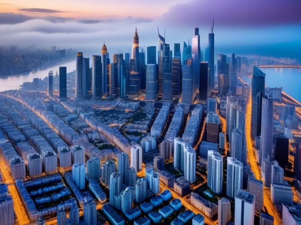 Metrópolis global: panorama urbano diverso y vibrante Vista aérea detallada de una ciudad bulliciosa con rascacielos, reflejando el paisaje global de inversión inmobiliaria
