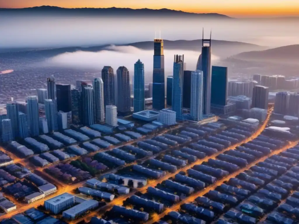 Horizonte urbano al atardecer: modernos rascacielos y colinas Vista aérea detallada de una ciudad moderna al atardecer, reflejando el cambio demográfico en el mercado inmobiliario