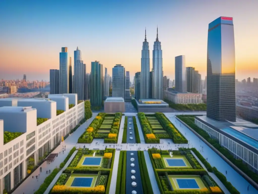 Metrópolis moderna: diversidad urbana y vida activa al atardecer Vista aérea detallada de una ciudad moderna con diversidad arquitectónica y gente activa