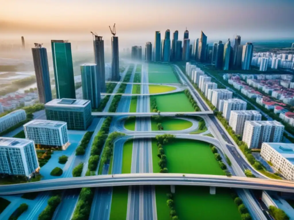 Vibrante metrópolis: auge inmobiliario en la era urbana Vista aérea detallada de una ciudad bulliciosa con rascacielos modernos, carreteras interconectadas y parques urbanos verdes, mostrando la demanda de financiamiento inmobiliario en la urbanización