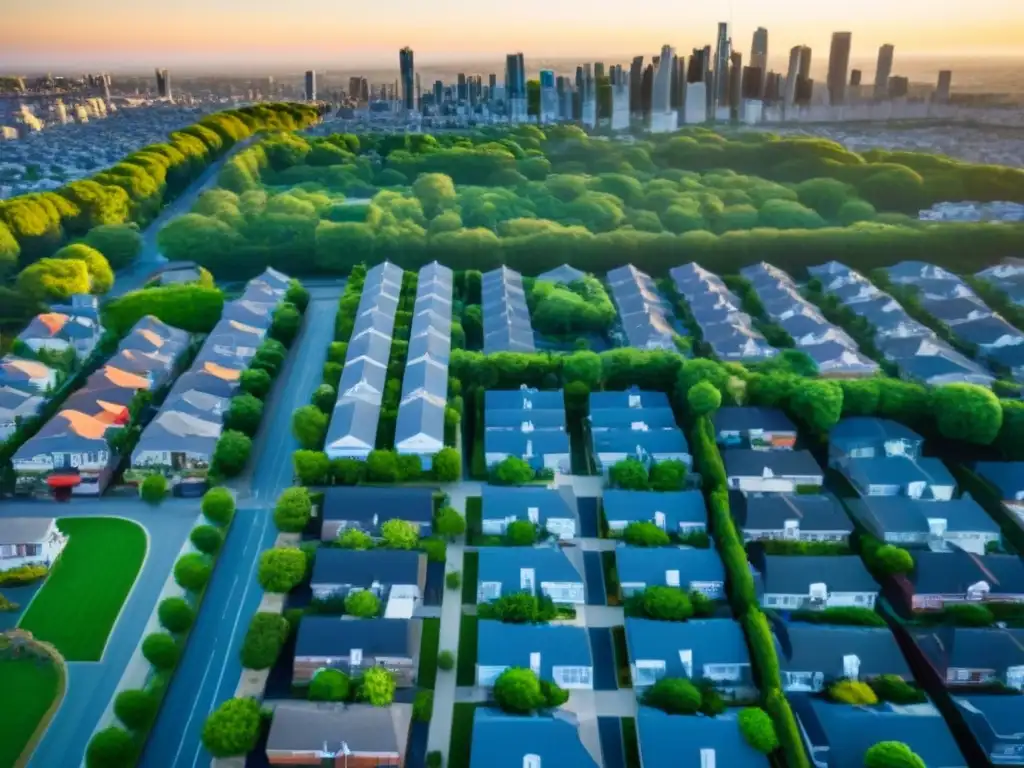 Contraste urbano y suburbano: ciudades y naturaleza Vista aérea detallada de ciudad bulliciosa contrastada con barrio suburbano, resaltando la comparativa viviendas urbanas vs suburbanas