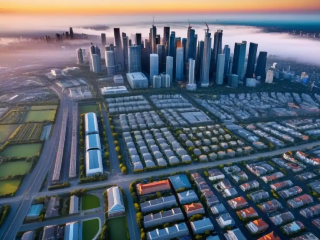 Horizonte urbano al atardecer: fusión armónica de arquitectura y espacios verdes Vista aérea detallada de una ciudad moderna al atardecer, con propiedades residenciales y comerciales en armonía, iluminadas y con sombras largas
