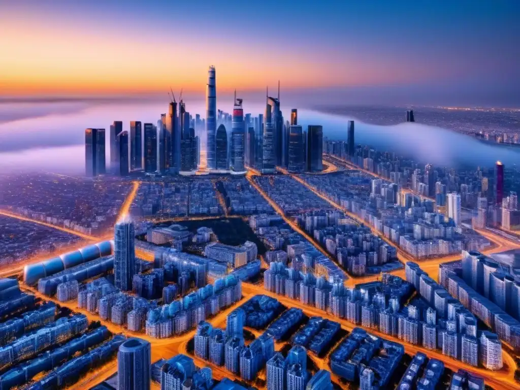 Metrópolis futurista: innovación arquitectónica y tecnológica Vista aérea detallada de una ciudad futurista con rascacielos innovadores y avanzada infraestructura, mostrando el potencial del crowdfunding inmobiliario en innovaciones futuras