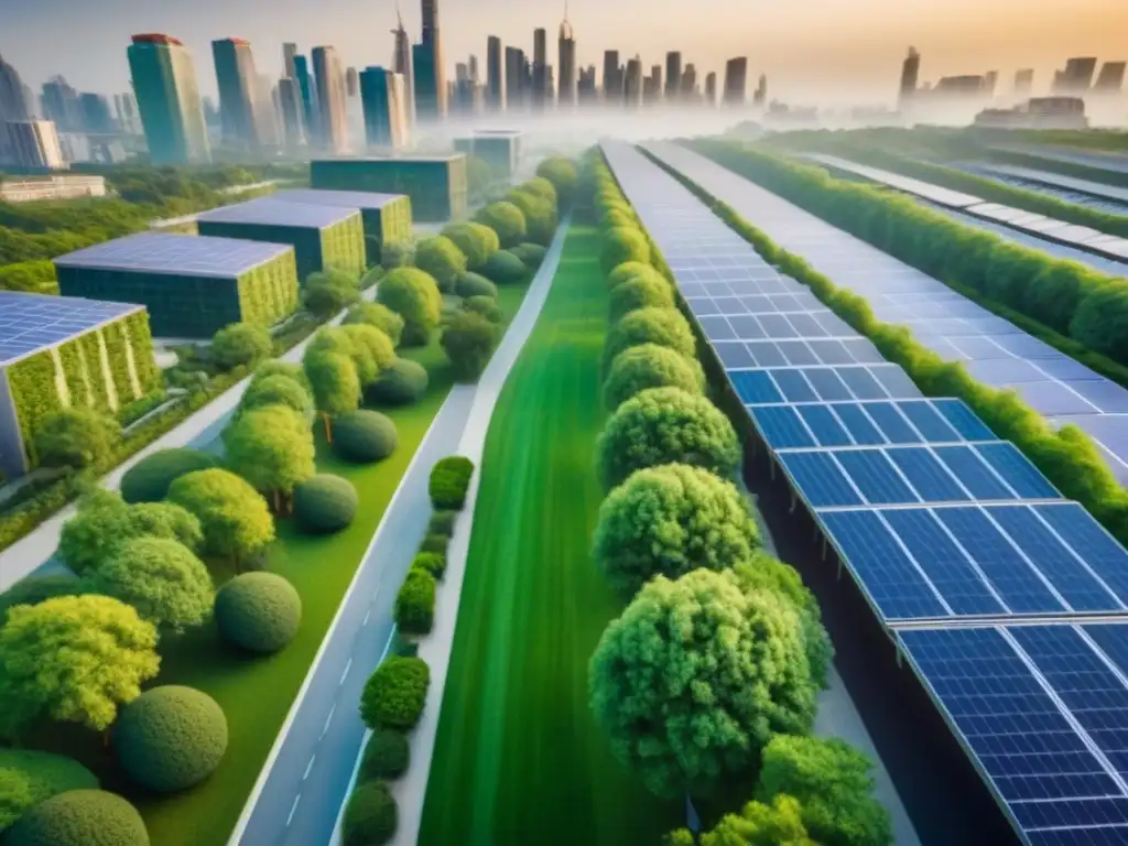 Vista aérea detallada de una ciudad urbana sostenible con rascacielos modernos, parques verdes y paneles solares en los techos