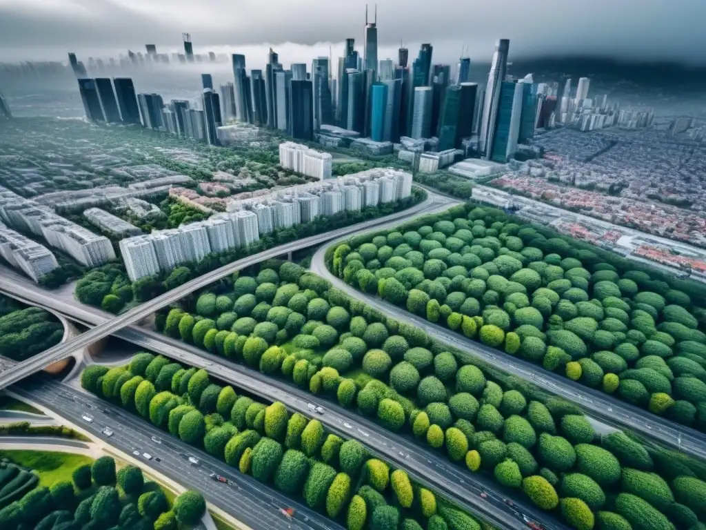 Inversión inmobiliaria: ciudad moderna en crecimiento Vista aérea detallada de una ciudad dinámica con rascacielos y edificios residenciales, simbolizando el potencial de crecimiento en Inversiones inmobiliarias: REITs vs