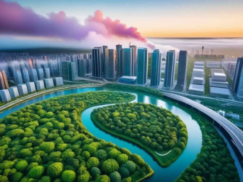 Vista aérea detallada en 8k de una ciudad sostenible integrando energías renovables y transporte público eficiente