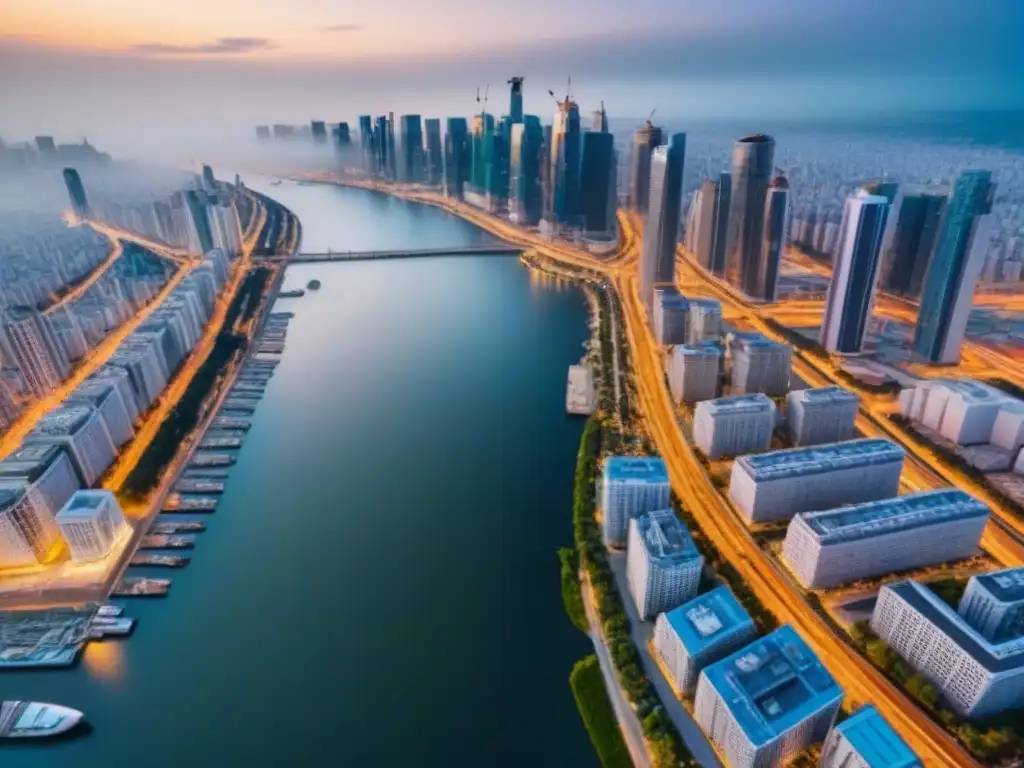 Vista aérea detallada de una ciudad moderna en pleno crecimiento Vista aérea detallada de una ciudad bulliciosa con rascacielos, grúas y redes viales, reflejando el crecimiento urbano