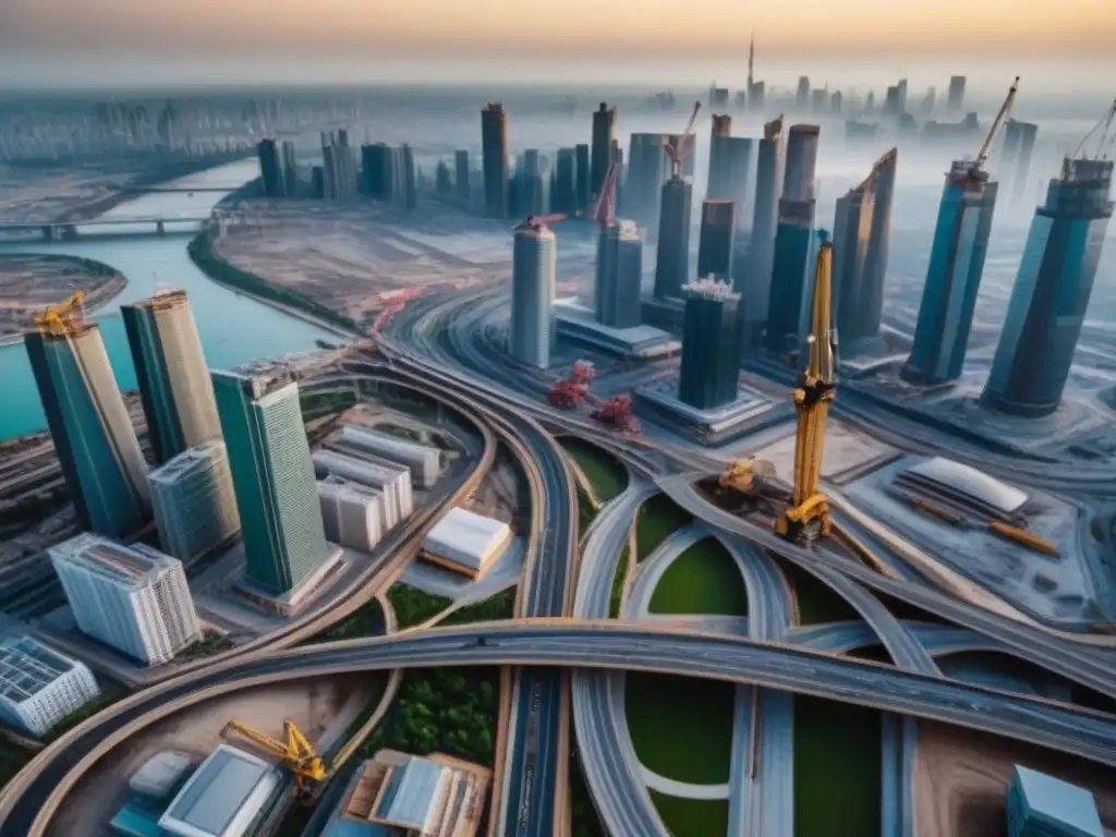 Vista aérea de ciudad en crecimiento: proyectos inmobiliarios monumentales Vista aérea detallada de una ciudad bulliciosa con rascacielos imponentes y obras en primer plano, reflejando el esplendor de proyectos inmobiliarios monumentales