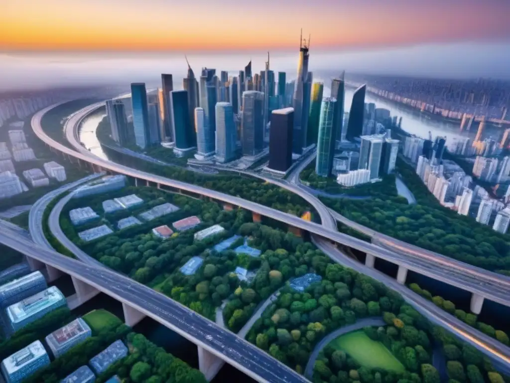 Metrópolis en crecimiento: innovación y éxito en desarrollo inmobiliario Vista aérea detallada de una ciudad bulliciosa con rascacielos, simbolizando crecimiento y éxito en préstamos inmobiliarios monumentales