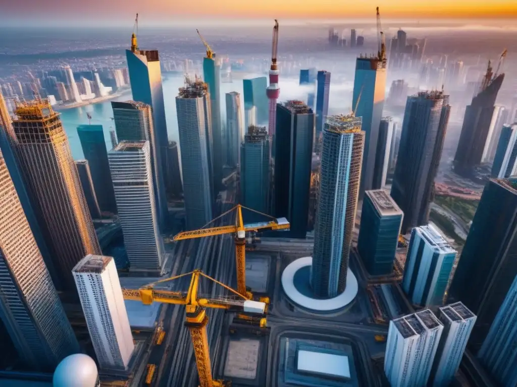Magnitud urbana: Realismo y progreso en proyectos inmobiliarios Vista aérea detallada de una ciudad bulliciosa con rascacielos y sitios en construcción