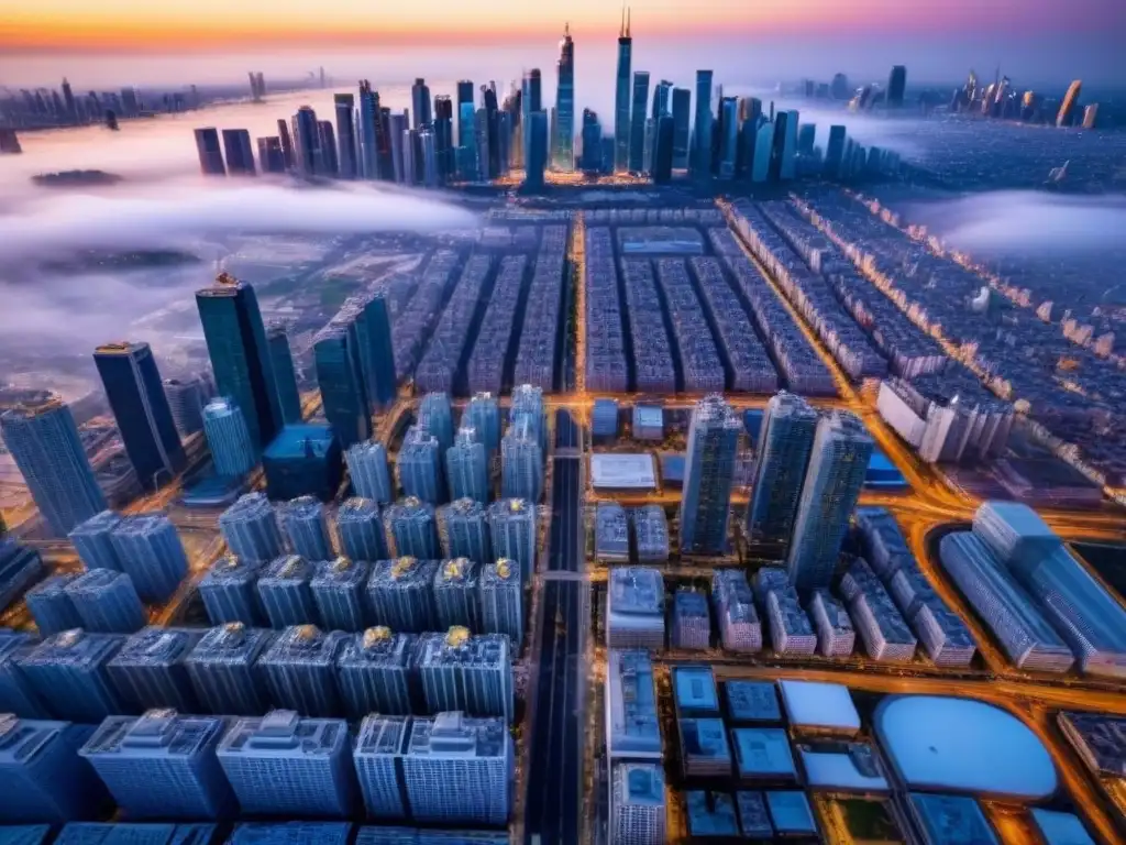 Vibrante paisaje urbano: desarrollo inmobiliario y financiero Vista aérea detallada de una ciudad bulliciosa con rascacielos, reflejando el mundo complejo del desarrollo inmobiliario