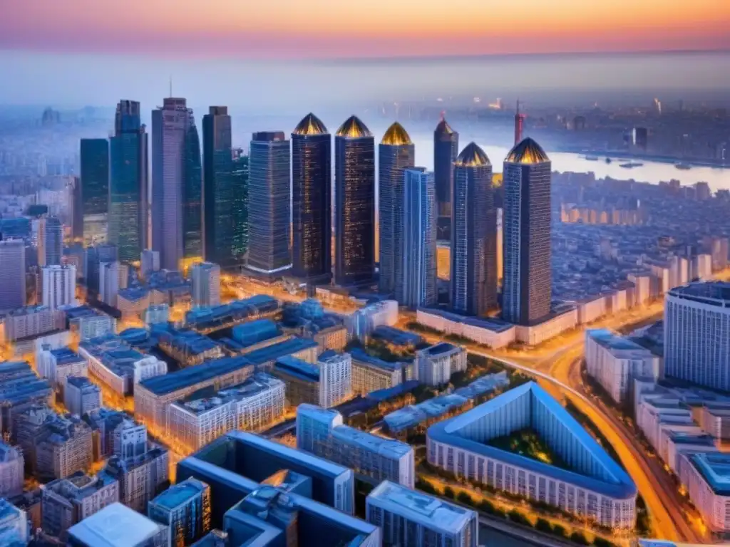 Esplendor urbano: ciudad moderna al atardecer Vista aérea detallada de una ciudad moderna al atardecer, con luces vibrantes iluminando calles y edificios de diversos estilos