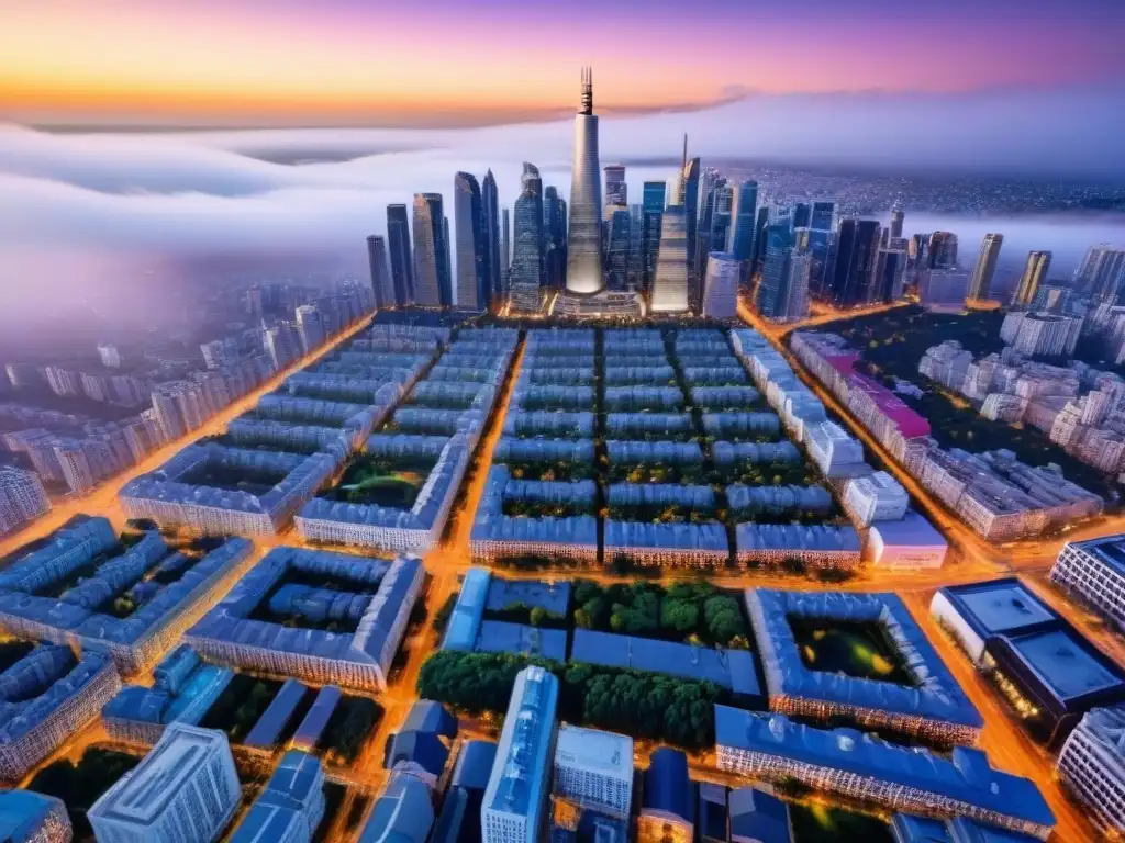 Oportunidades de inversión en ciudad vibrante y estratégica Vista aérea detallada de una ciudad bulliciosa con rascacielos y edificios históricos, rodeada de vegetación exuberante