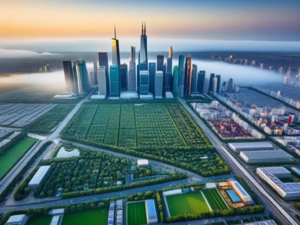 Cityscape moderno con beneficios fiscales ecológicos Vista aérea detallada de una ciudad moderna con propiedades que ofrecen beneficios fiscales, como edificios verdes y paneles solares