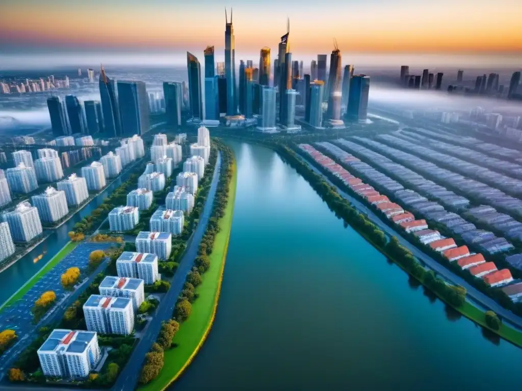 Metrópolis moderna: real estate en auge Vista aérea detallada de una ciudad moderna con rascacielos y edificios residenciales, resaltando beneficios fiscales en reinversión inmobiliaria