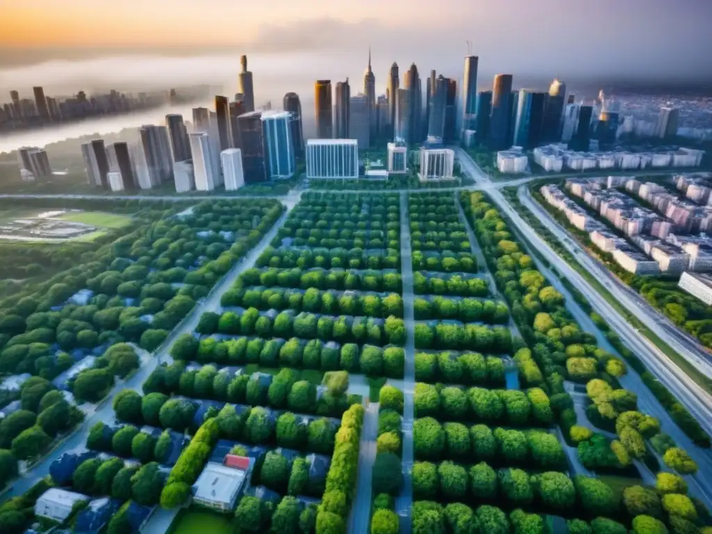 Vista aérea de ciudad vibrante: gestión de impuestos y propiedades Vista aérea detallada de una ciudad moderna con rascacielos, calles alineadas y parques verdes