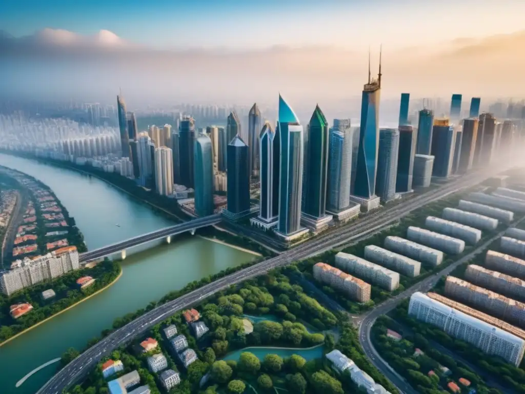 Metrópolis vibrante: real estate y tendencias fiscales en la ciudad Vista aérea detallada de una ciudad bulliciosa con rascacielos y edificios residenciales, reflejando la compleja interacción entre las tendencias de impuestos y las inversiones inmobiliarias