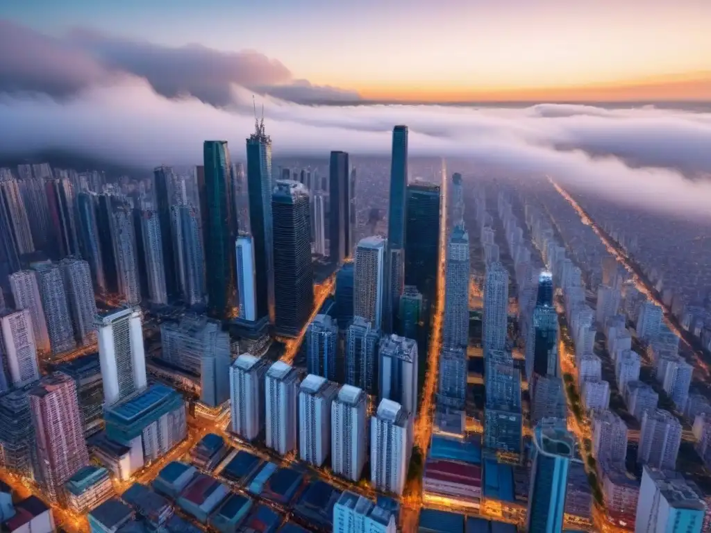 Vibrante ciudad latinoamericana: mezcla de modernidad y tradición Vista aérea detallada de una ciudad latinoamericana vibrante, con rascacielos modernos y arquitectura tradicional
