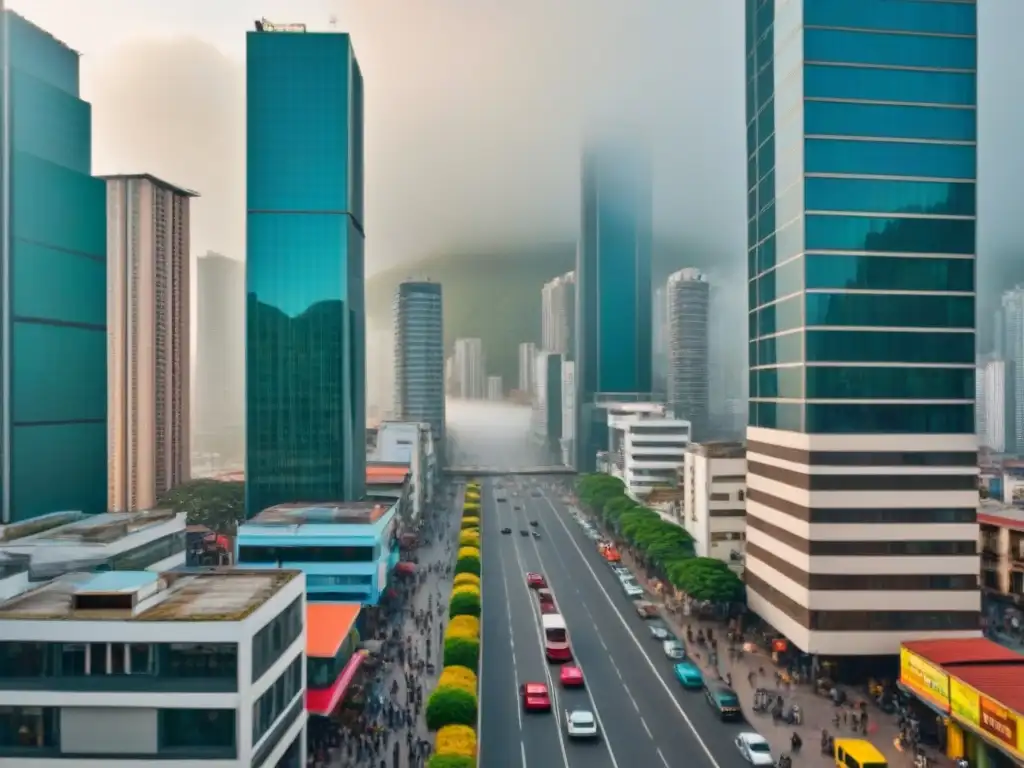 Vibrante ciudad latinoamericana: fusión de modernidad y tradición Vista aérea detallada de una ciudad latinoamericana con rascacielos modernos y edificios tradicionales