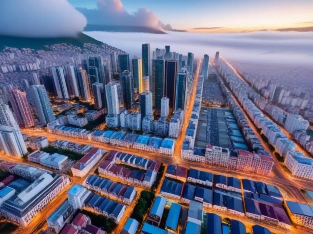 Panorama urbano latinoamericano: modernidad y vitalidad Vista aérea detallada de una ciudad bulliciosa en América Latina con rascacielos modernos, edificios residenciales y calles llenas de gente y vehículos, resaltando el crecimiento y desarrollo dinámico en la región