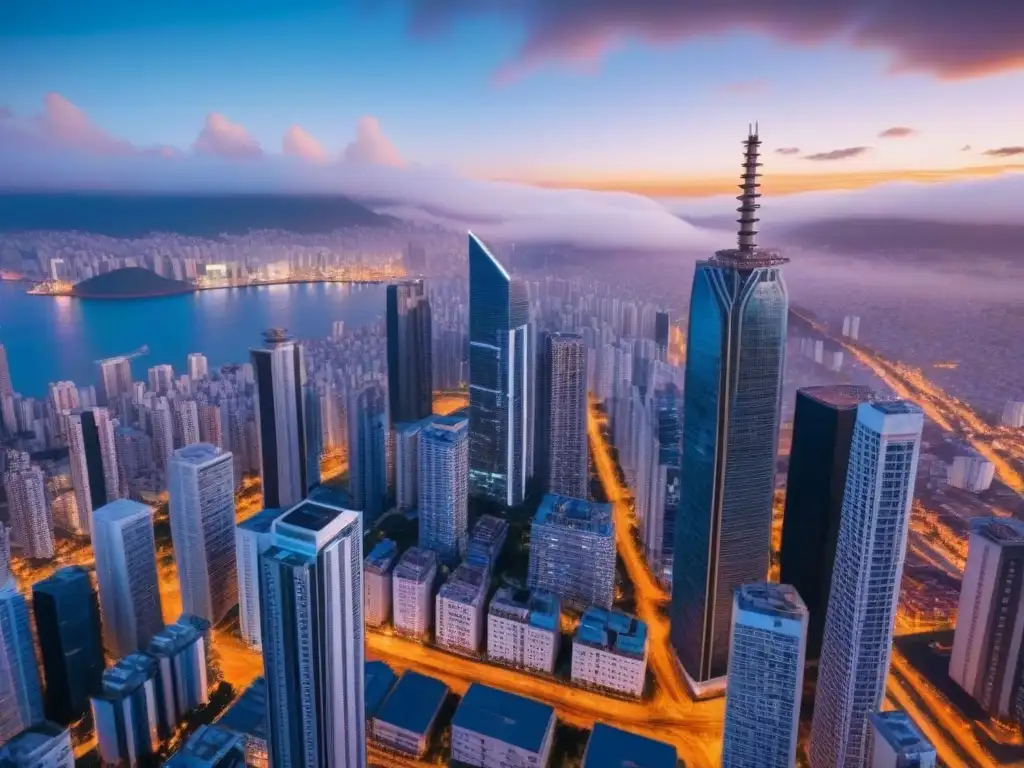 Horizonte urbano con blockchain: integración en Latinoamérica Vista aérea detallada de una ciudad latinoamericana con rascacielos modernos y líneas de blockchain, en un cálido atardecer