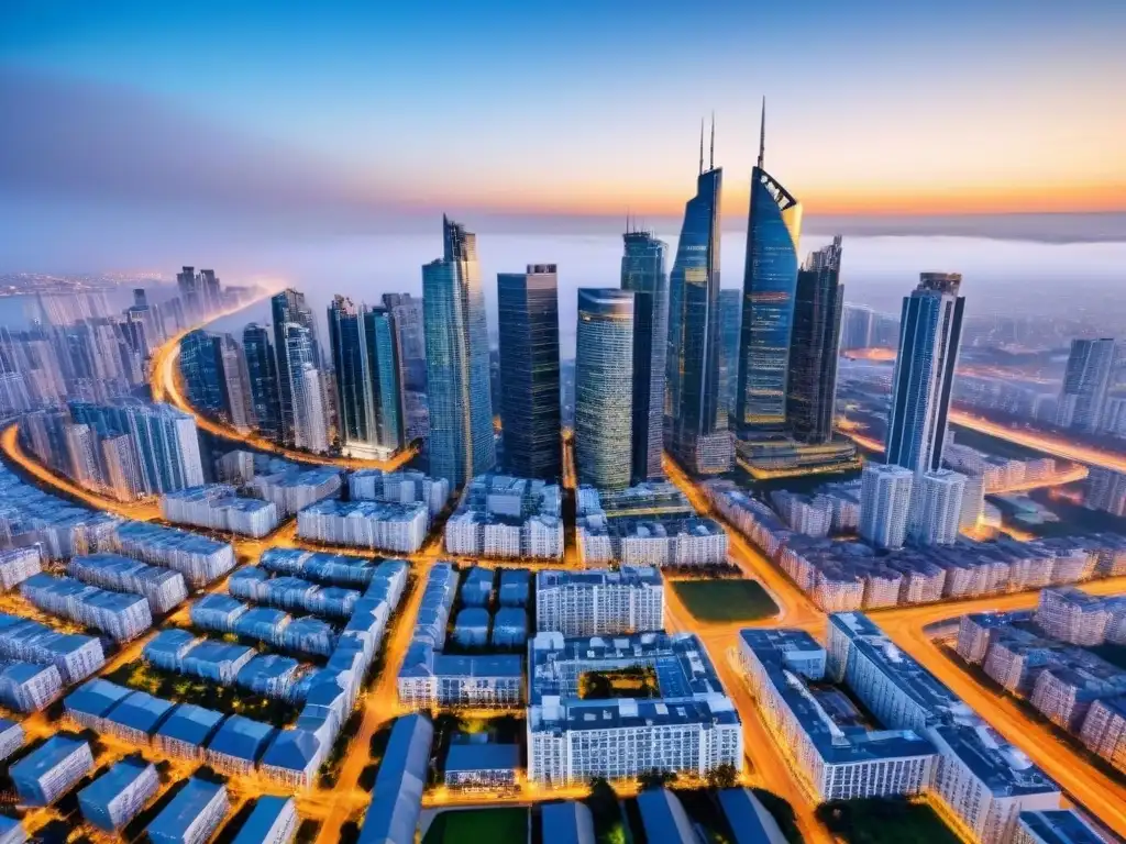 Vista aérea detallada de una ciudad dinámica y moderna Vista aérea detallada de una ciudad bulliciosa con rascacielos modernos y edificios residenciales, reflejando la dinámica del sector inmobiliario