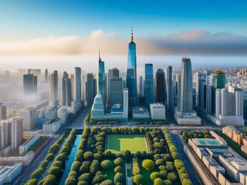 Espectacular ciudad global: arquitectura diversa y vitalidad urbana Vista aérea detallada de una ciudad diversa con arquitectura internacional