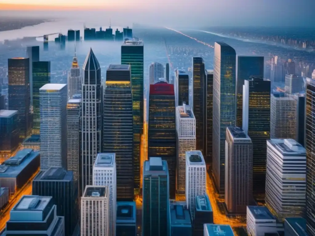 Skyline urbano: energía y dinamismo en el distrito comercial Vista aérea detallada de una ciudad bulliciosa con edificios comerciales modernos, reflejando energía y dinamismo